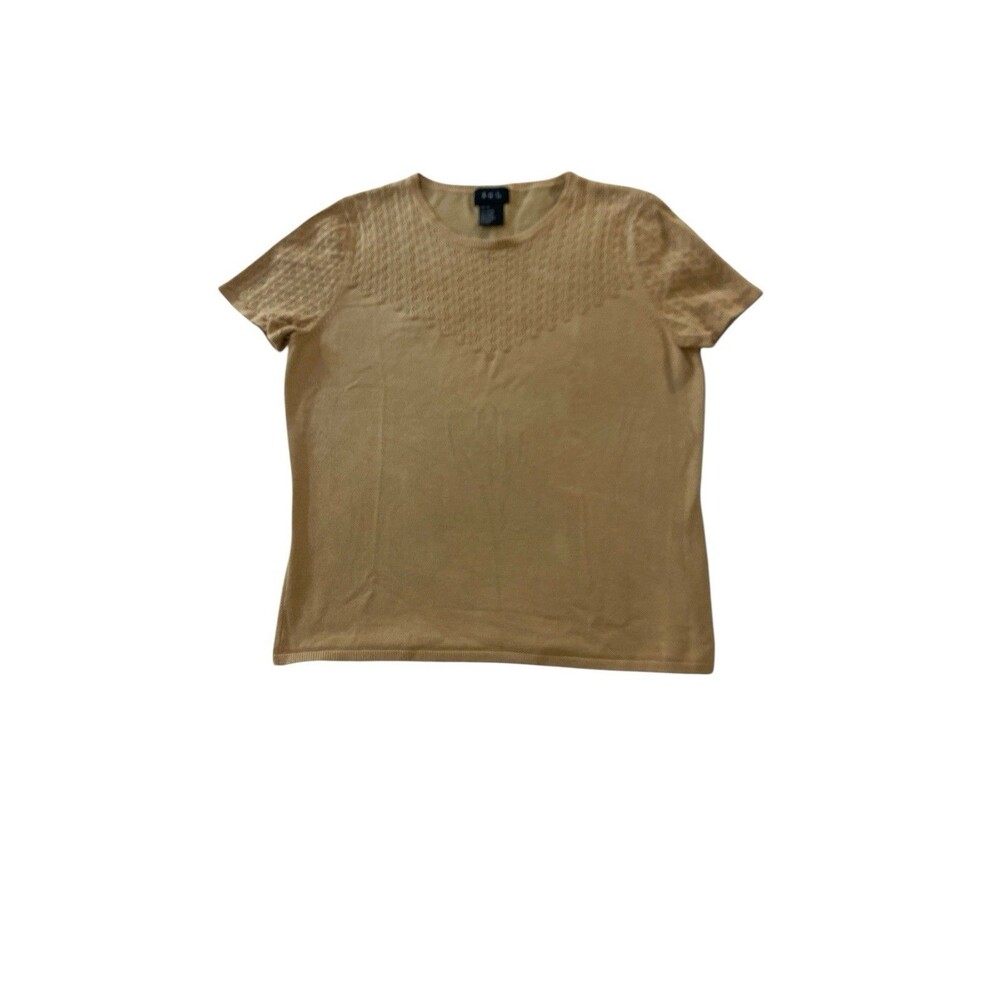 R.Q.T. Women Short Sleeve Knit Top S Tan Neutral Textured Crew Neck Sweater Y2K
